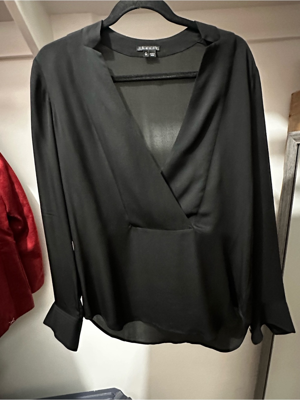 Theory Black Surplice V-Neck Wrap Blouse